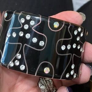 Vintage black lucite rhinestone cuff bangle bracelet